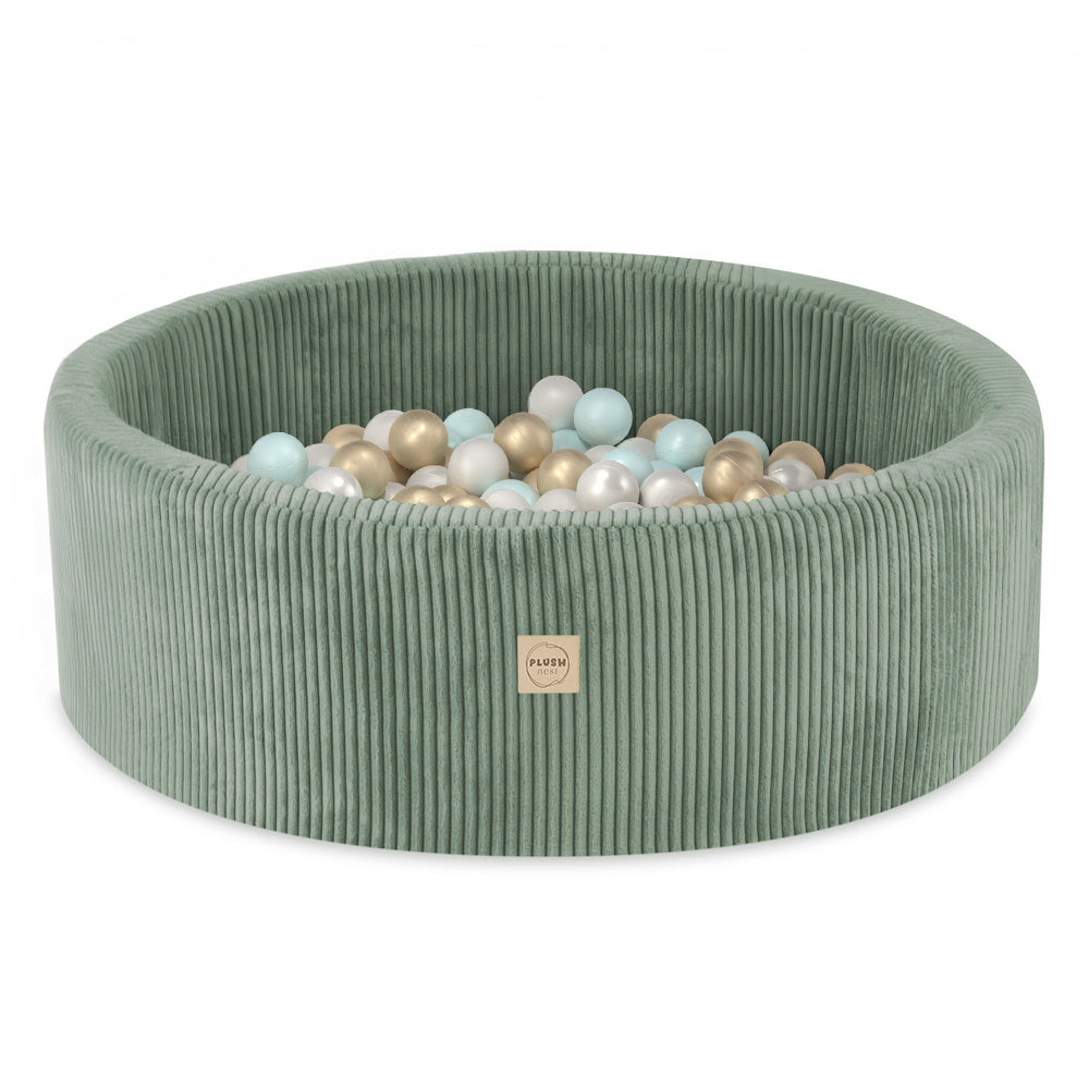 Plush Nest - Bällebad Cord-grün inkl. 200 Bälle (perl, silber, rosa)
