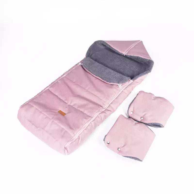Warmer Winter Fußsack mit Handschuhen für Kinderwagen oder Schlitten, dunkelrosa mit TEDDY Fell grau - 110 cm