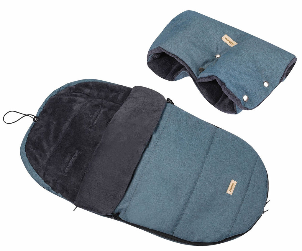 Winter Fußsack - Schlafsack für Kinderwagen mit Handmuff, Plüschfutter - Farbe Azur-blau