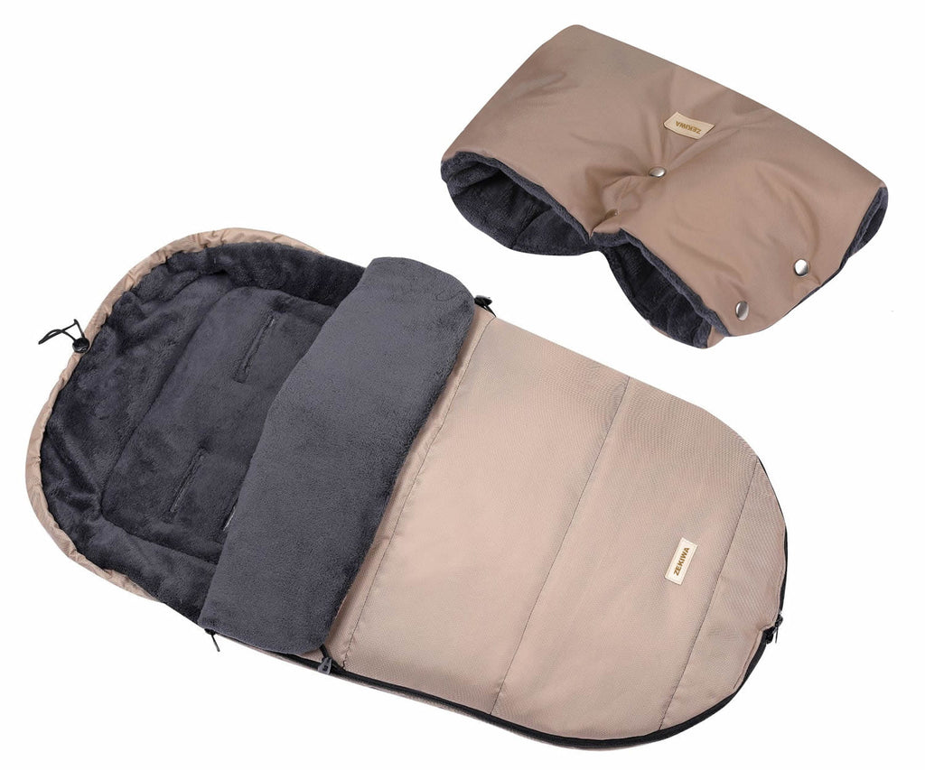 Winter Fußsack - Schlafsack für Kinderwagen mit Handmuff, Plüschfutter - Farbe cappuccino