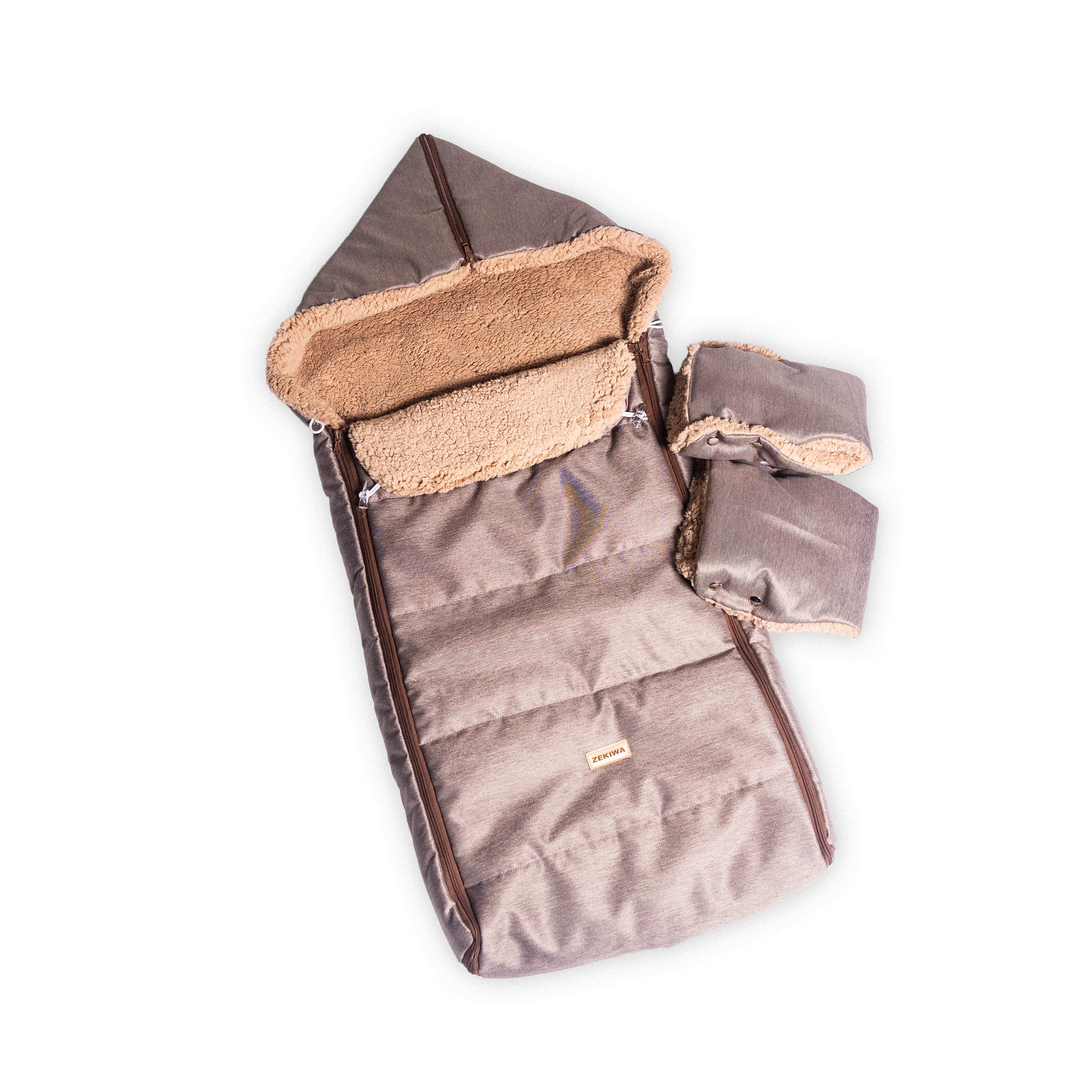 Warmer Winter Fußsack mit Handschuhen  für Kinderwagen oder Schlitten, braun mit TEDDY Fell - 110 cm