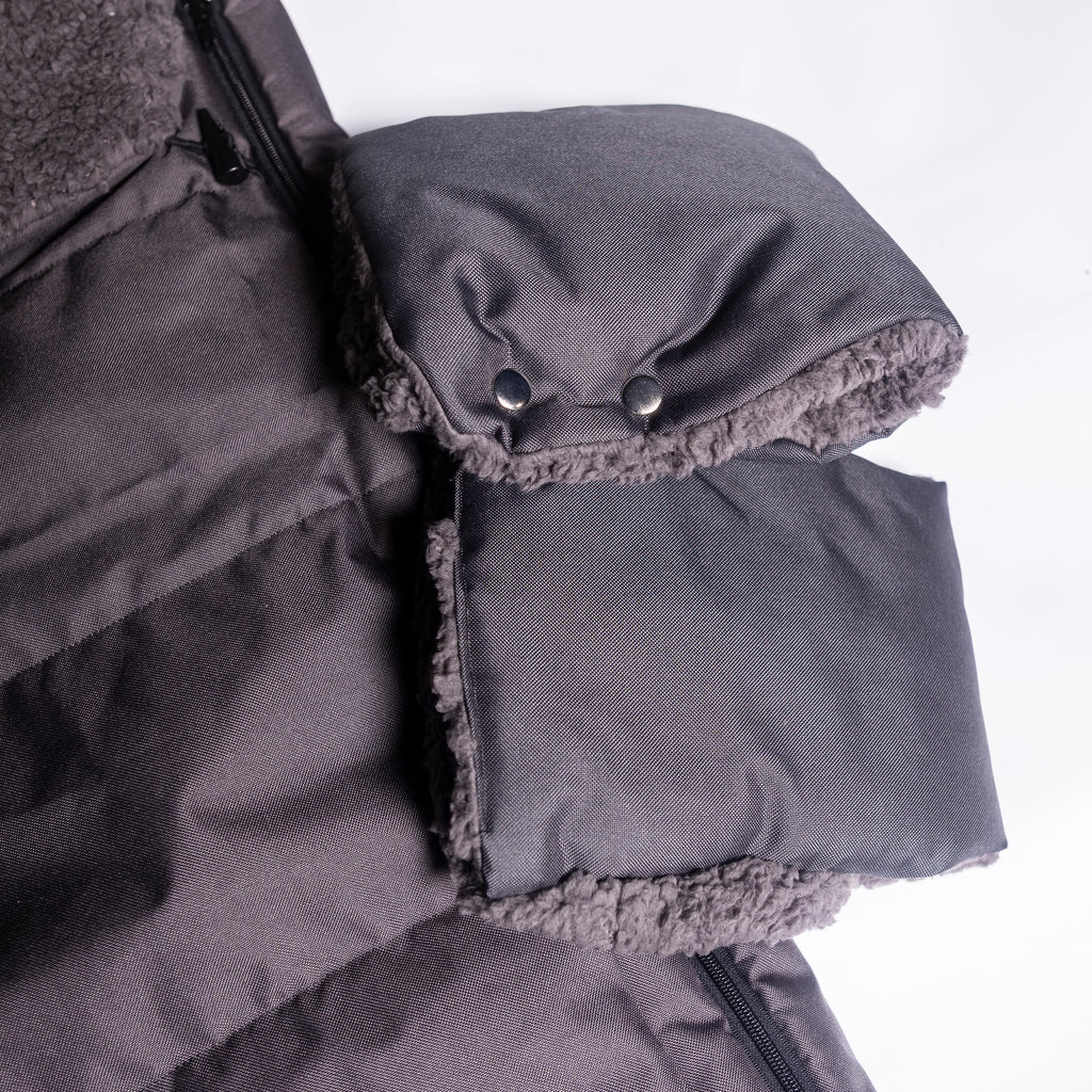 Warmer Winter Fußsack mit Handschuhen  für Kinderwagen oder Schlitten, graphit mit TEDDY Fell - 110 cm