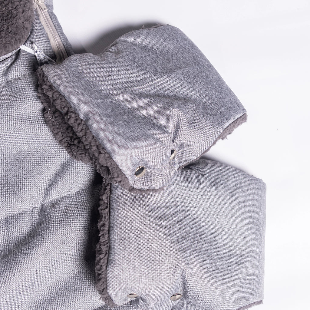 Warmer Winter Fußsack mit Handschuhen  für Kinderwagen oder Schlitten, grau meliert TEDDY Fell - 110 cm
