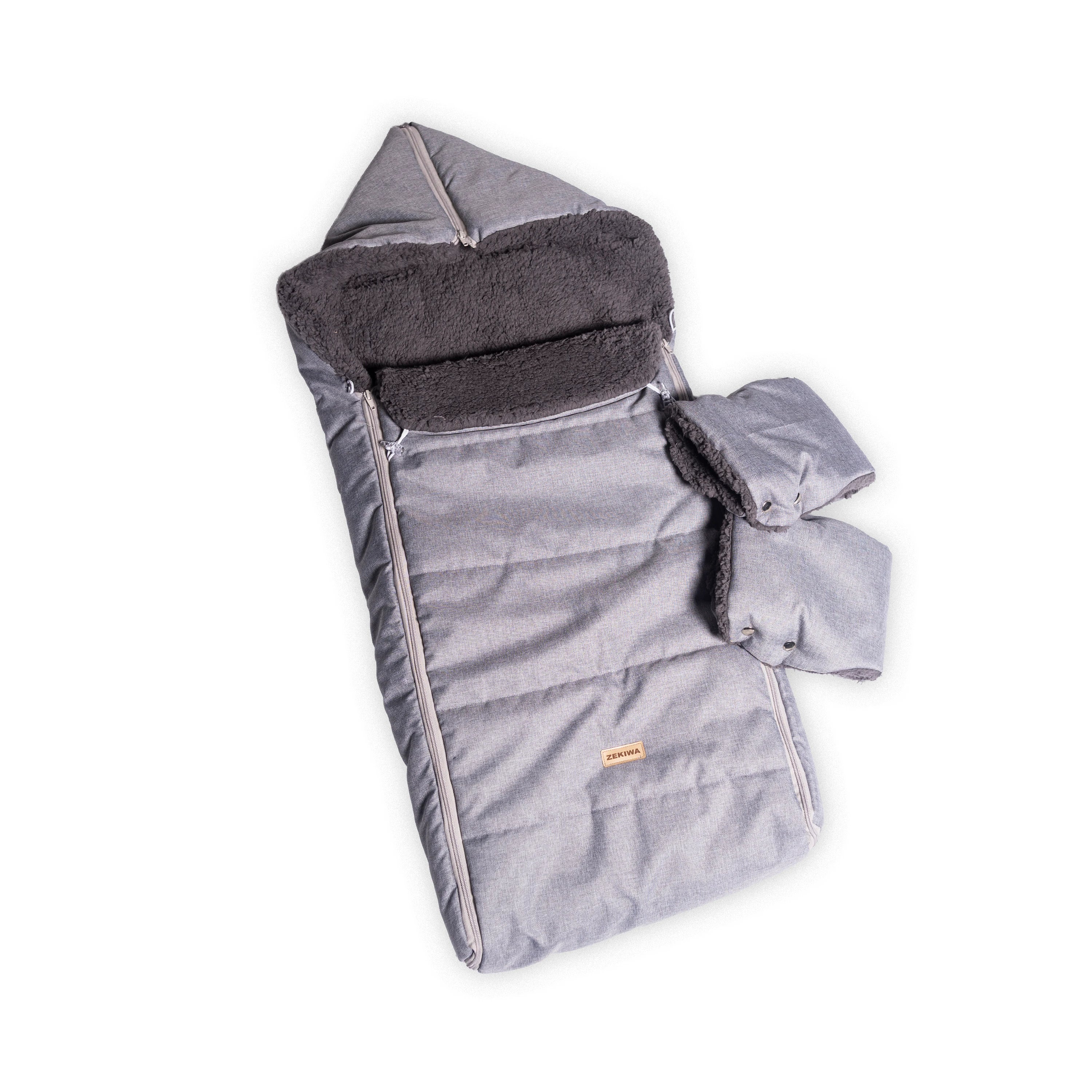 Warmer Winter Fußsack mit Handschuhen  für Kinderwagen oder Schlitten, grau meliert TEDDY Fell - 110 cm